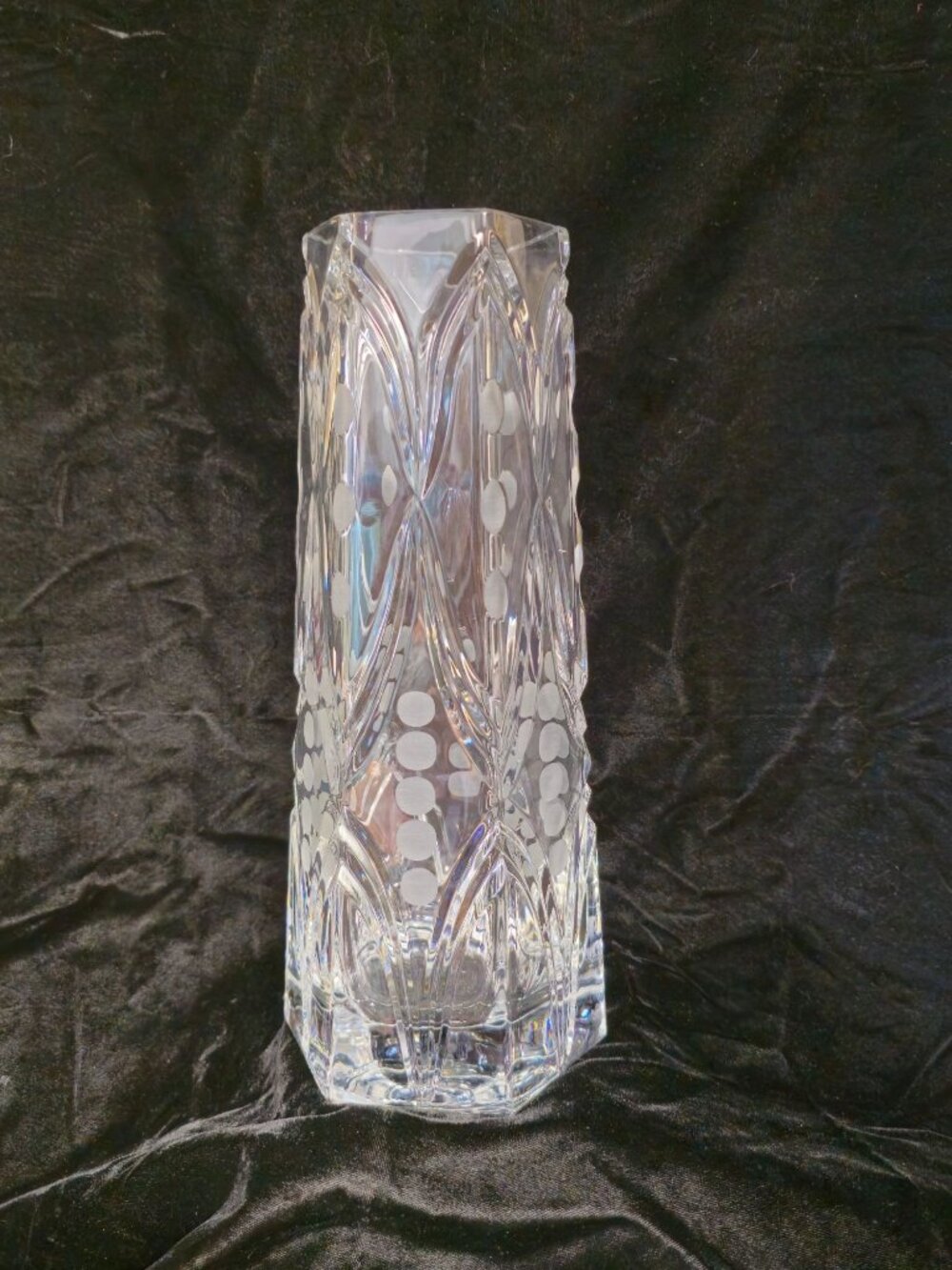 Vintage Etched Crystal Vase With Geometric Dot Pattern 11-Inch Tall Hexagonal Ba